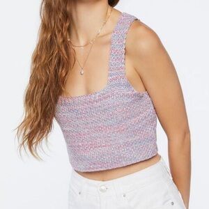 FOREVER 21 Cropped Fitted Knit Tank Top Square Neckline Blue Pink Purple SZ M